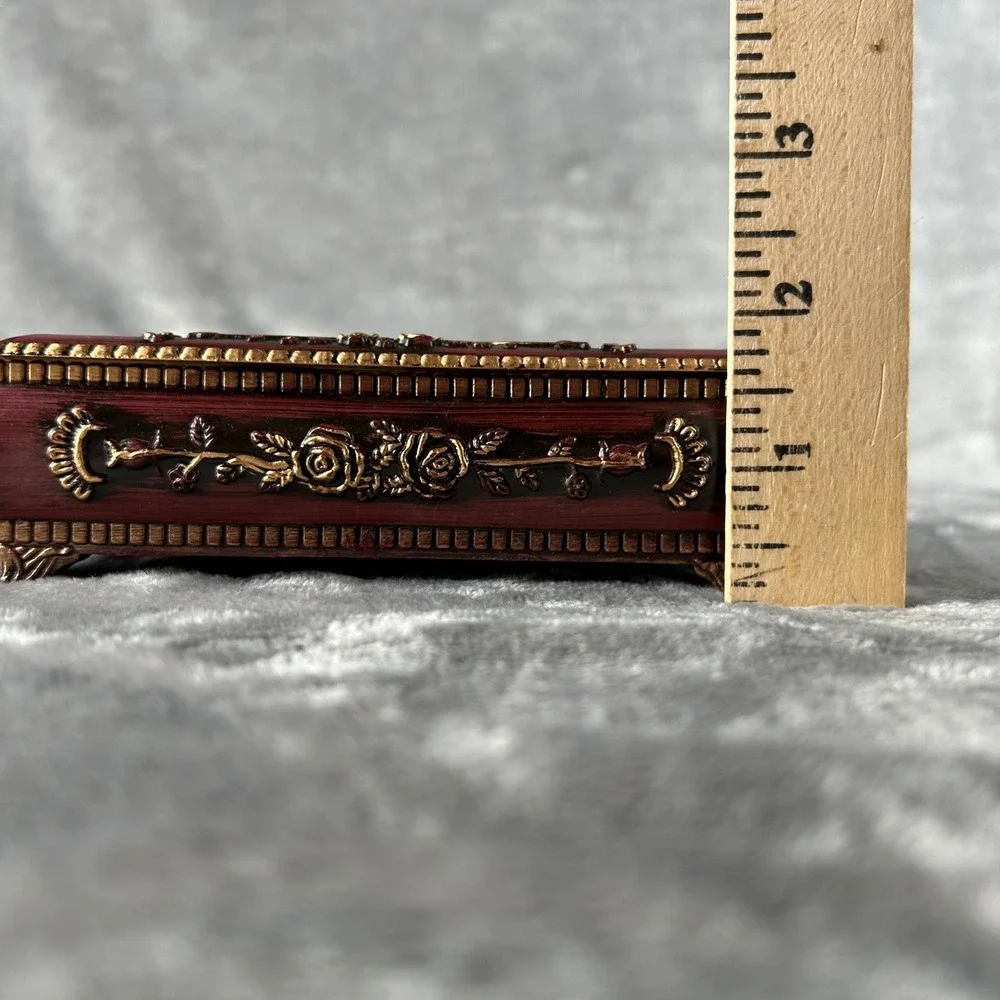 Vintage Style Red Gold Floral Jewelry Box Picture Frame Lid Keepsake Trinket Box